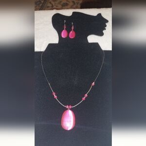 Vintage Pink Glass Cat Eye Beaded Wire Necklace Comes With Matching Earrings